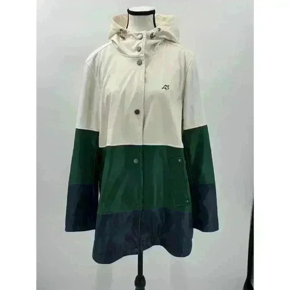 Lucky Brand Varsity Colorblock Rain Coat White, Green & Blue, Women's Size Large - Picture 1 of 9